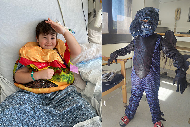 boy in hamburger costume, boy in dragon costume