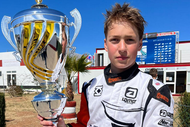Oleksandr Bondarev, the season champion of the 2023 FIA Karting European Junior series.