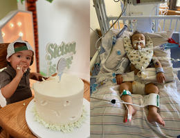 Side by side of Stetson at his first birthday party and Stetson at LLUCH in critical condition