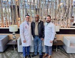 79-year-old Wally Moore (center) received the newly offered Whipple procedure at LLUMC–Murrieta close to his home in February. He recently reunited with surgical oncologist Dr. Michael O'Leary (left) and nurse practitioner Garrett Newman (right).