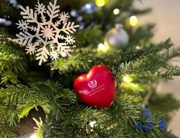 Heart with LLU International Heart Institute logo in a Christmas tree