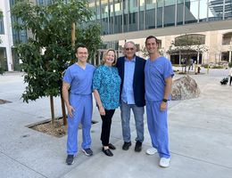 Doctors Amr Mohsen and Jason Hoff reunited with Mr. Donald Oaks and his wife outside of Loma Linda University Medical Center.