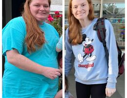 A side by side comparison of the same woman with the first image of her in a large blue shirt and the second of her skinners in a grey sweatshirt. 
