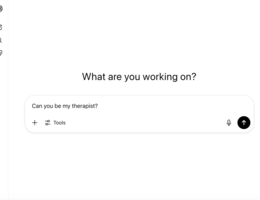 A white chatbot screen with the question 'can you be my therapist' typed into the prompt