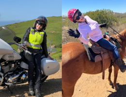 A woman sits on a Harley-Davidson motorcycle in a photo on the left and the same woman sits on a brown horse on the right