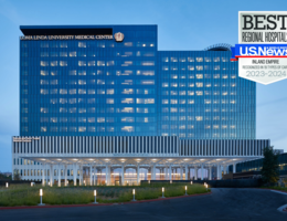 Photo of the medical center with a US News and World Report badge reading "Inland Empire recognized in 19 types of care."