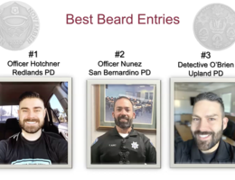 Contestants from three Inland Empire police departments pose to display their full-grown beards in hopes of claiming top title in the "Best Beard" category for the 2020 No Shave November award ceremony which was hosted virtually via Zoom on Nov. 30. Eight participating law enforcement departments from the region raised nearly $25,000 for Loma Linda University Cancer Center, more than double the sum of last year’s No Shave November funds.