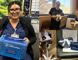 a healthcare team holds blankets and care kits