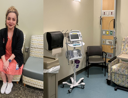 a woman smiles next to a medical clinic room