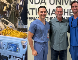 two male doctors stand together with a male patient smiling
