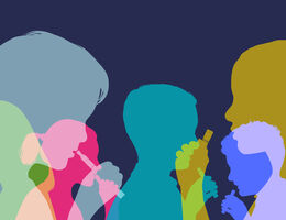 Colourful overlapping silhouettes of Children using e-cigarettes or vapes. Electronic cigarette, e-cigarette, vapers, inhale, passive smoker, handheld electronic device, tobacco smoking, smoker, nicotine, social issue
