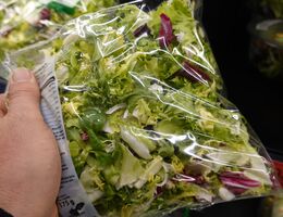 hand holding a bag of salad mix