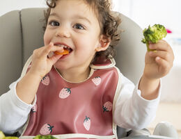 Young child sitting in highchair eating carrots and broccoli