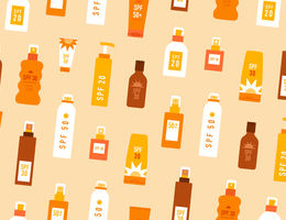 Different sun protection cosmetics. Seamless pattern with sunscreens. Vector illustration