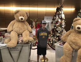 teenage boy standing with carts of teddy bears in hospital lobby