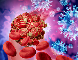 Illustration of COVID-19 viral particles floating next to a blood clot