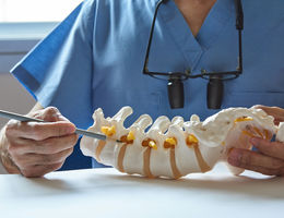 A spine, a tumor, and a new procedure for the Inland Empire neurosurgeon holding spine replica and pointing to a specific disk