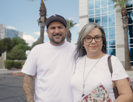 Dolores and Eleazar stand side-by-side outside of LLUMC-Murrieta