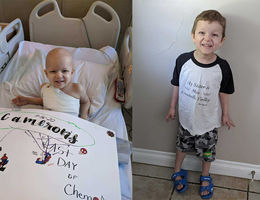 Brave four-year-old facing brain tumor, cancer free six months later side by side photos of Cameron; one in hospital bed sick and smiling, the other healed at home and smiling