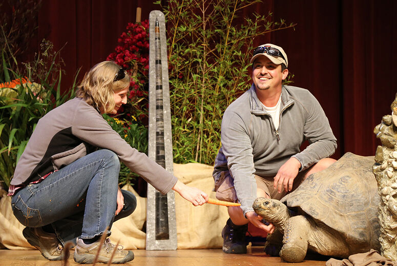 Amber and Chris Rodriguez with Ladybug, a 300-pound Galapagos Tortoise.