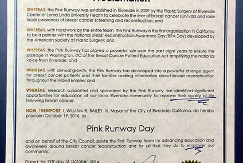 Official proclamation signed by the Mayor of Riverside designating October 19 as Pink Runway Day.
