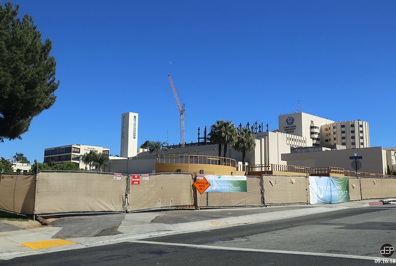 The columns viewed from Campus Street and University Avenue with the Loma Linda University Church and chapel construction project in the foreground.