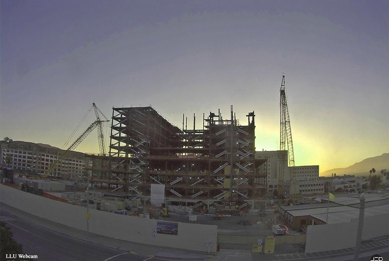The construction site in mid-September at sunset.