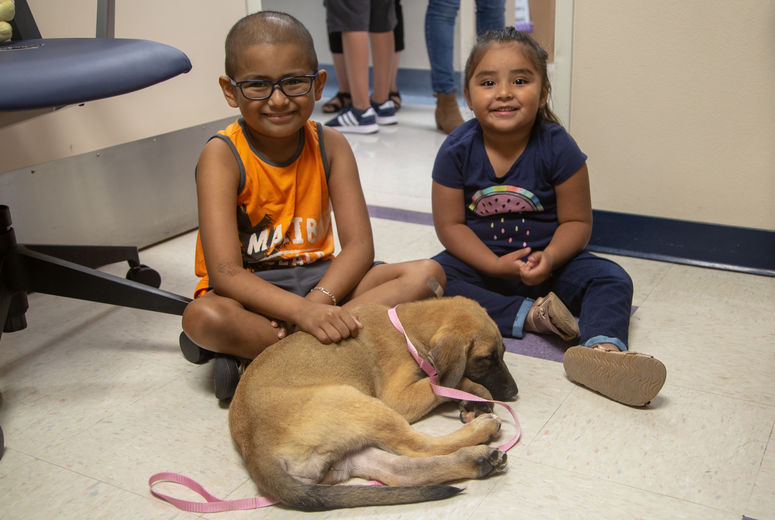 Patient Edgar Rodriguez, 7, with sister Janelly, 4, playing with one puppy that lies by their feet.