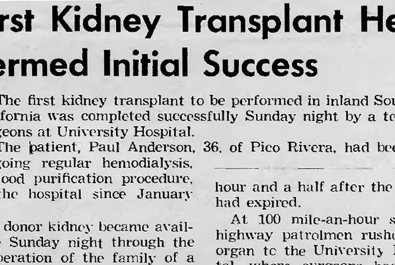 A news clipping about the first kidney transplant at Loma Linda University Health in 1967